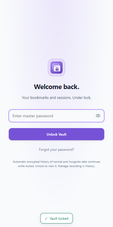 The same WeeTabs side panel locked, showing the vault password field instead of saved bookmarks