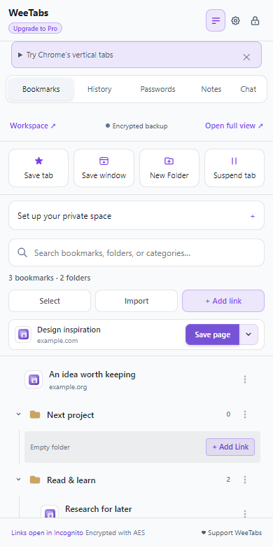 Actual unlocked WeeTabs side panel showing example bookmark folders, saved links and the Lock vault button