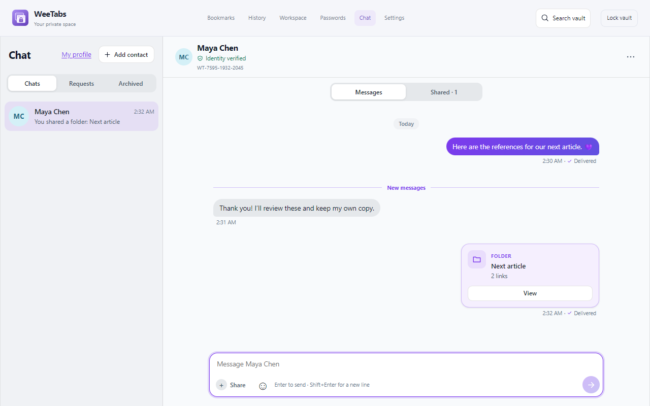 Actual WeeTabs Chat with fictional contacts, messages and a shared folder of reference links