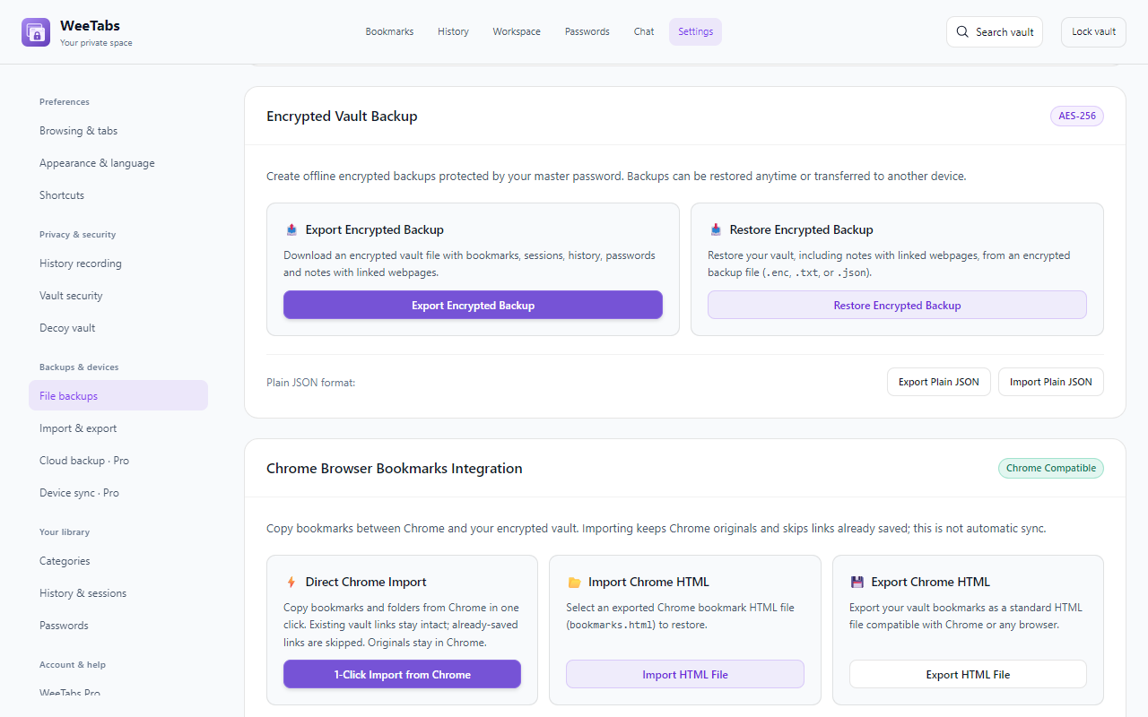 Actual WeeTabs File backups settings with encrypted export and restore controls