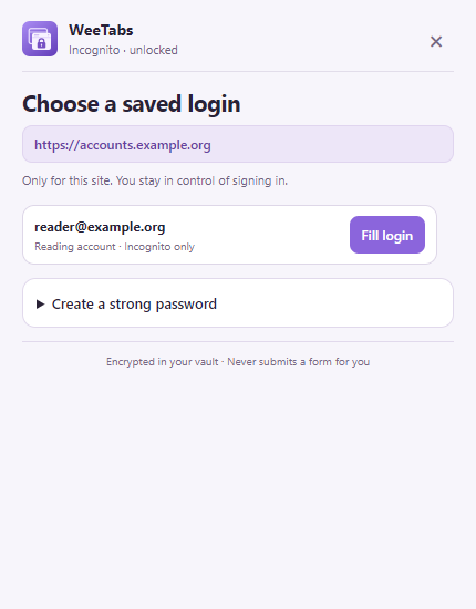 Actual WeeTabs password helper showing one fictional Incognito login and the collapsed password generator