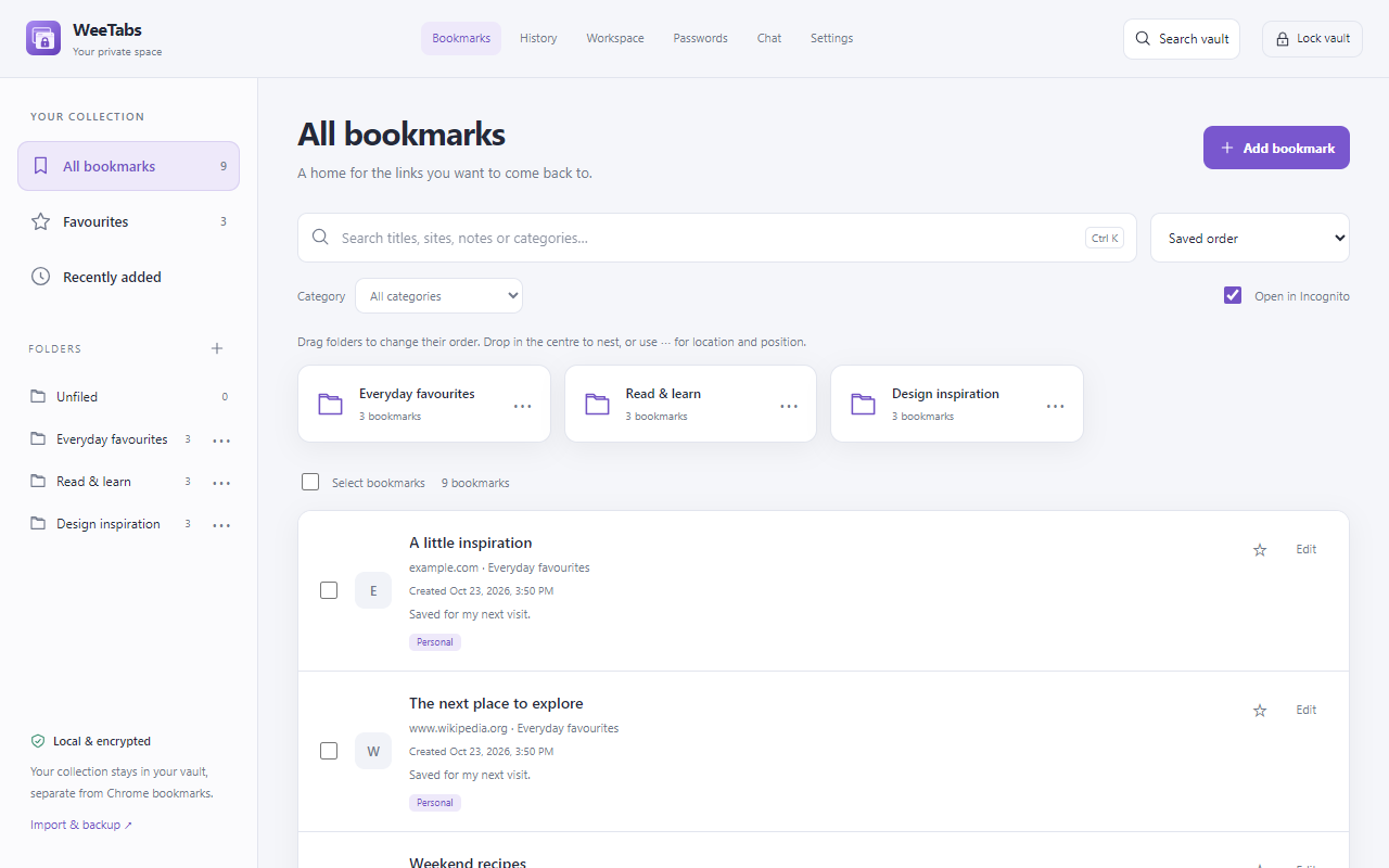 WeeTabs bookmark library with folders, categories, favourites and creation dates