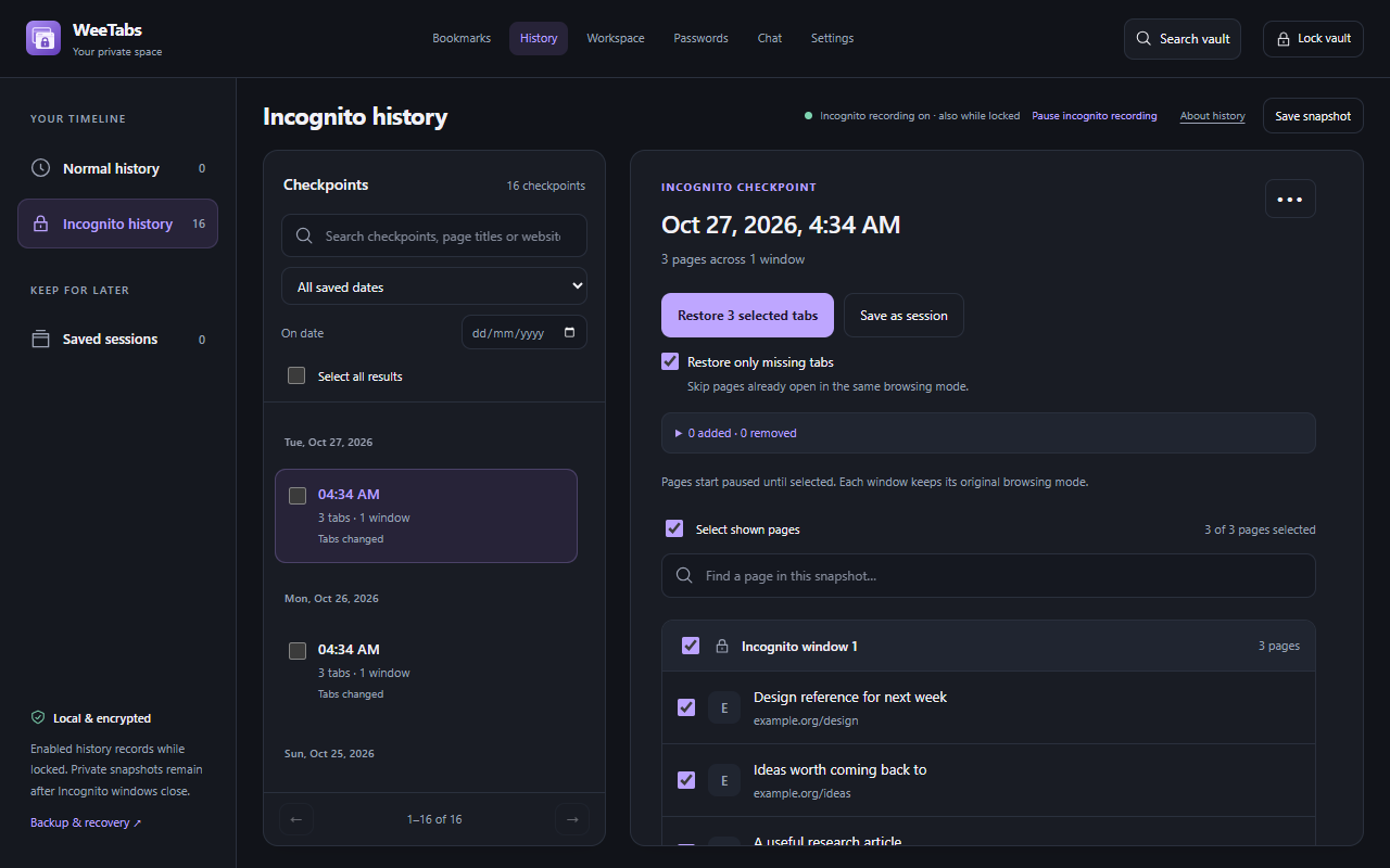 Actual WeeTabs Incognito history with saved checkpoints and a selected-page restore preview