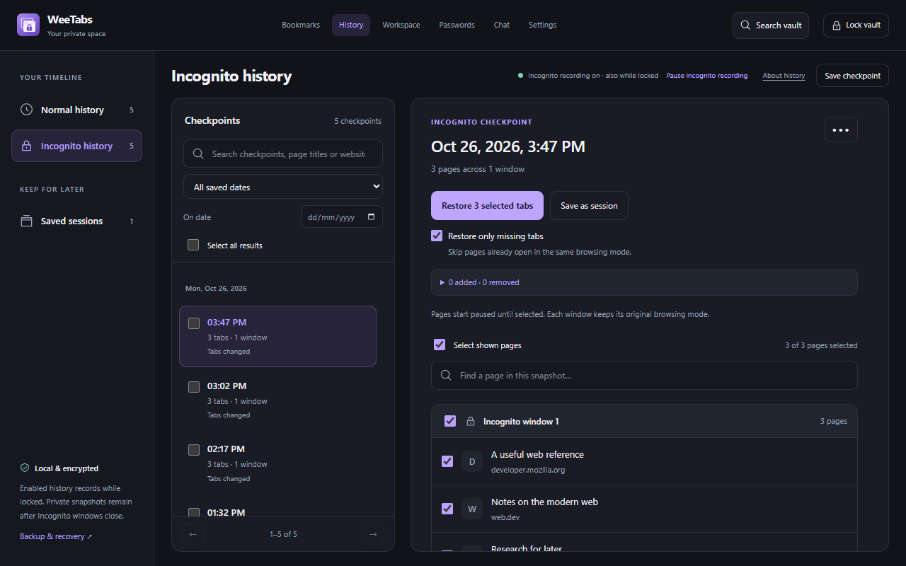 WeeTabs History manager with Incognito checkpoints, search and restore controls