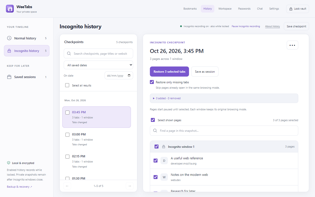 WeeTabs History full view with dates, checkpoints and a selected-page preview