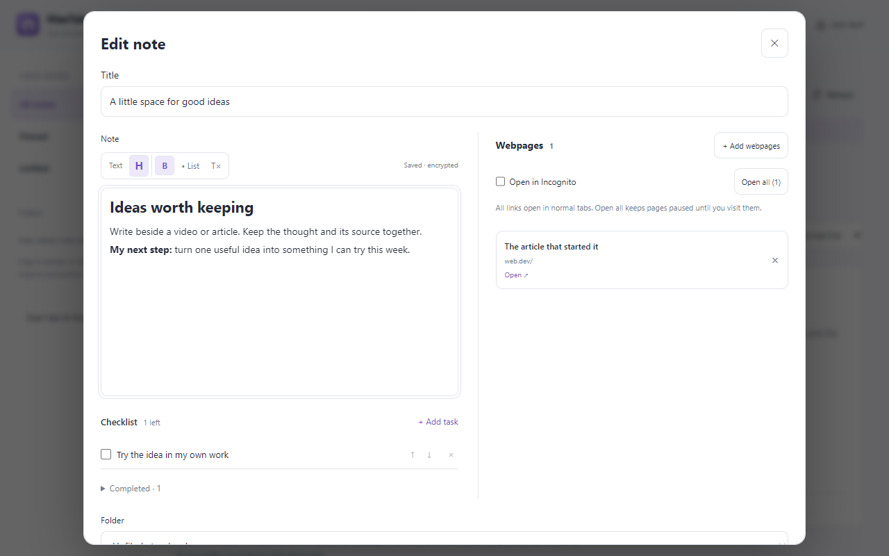 Actual WeeTabs Notes editor with example writing, linked pages and checklist controls