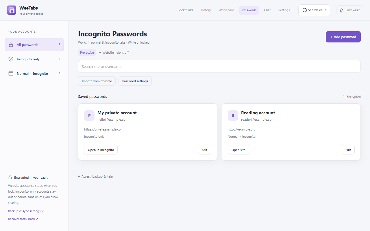 Actual WeeTabs password library with fictional saved logins and browsing-mode controls