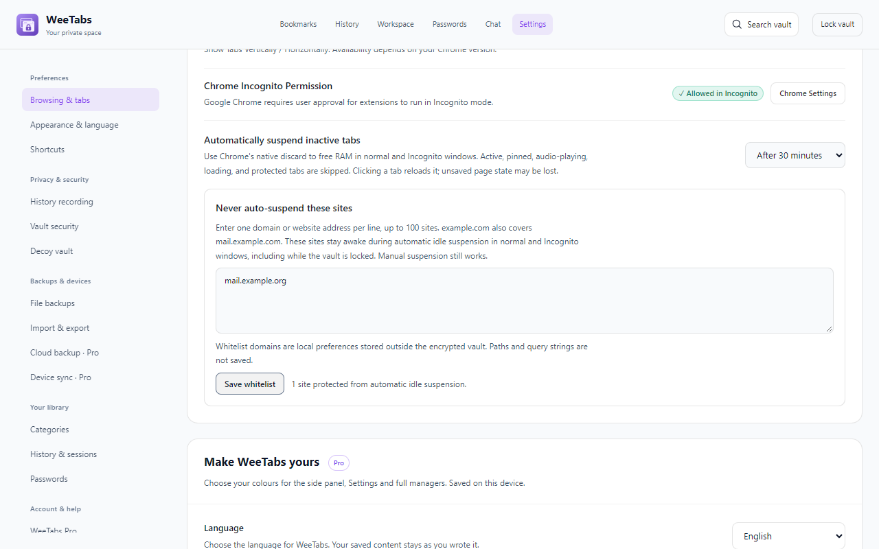 Actual WeeTabs Settings showing idle suspension and site exceptions